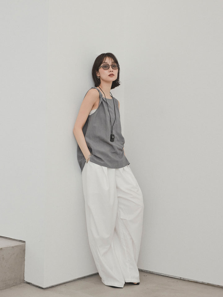 [SET]レザーネックレス付ツイストノースリブラウス+デザインループサイドタックパンツ(2set)