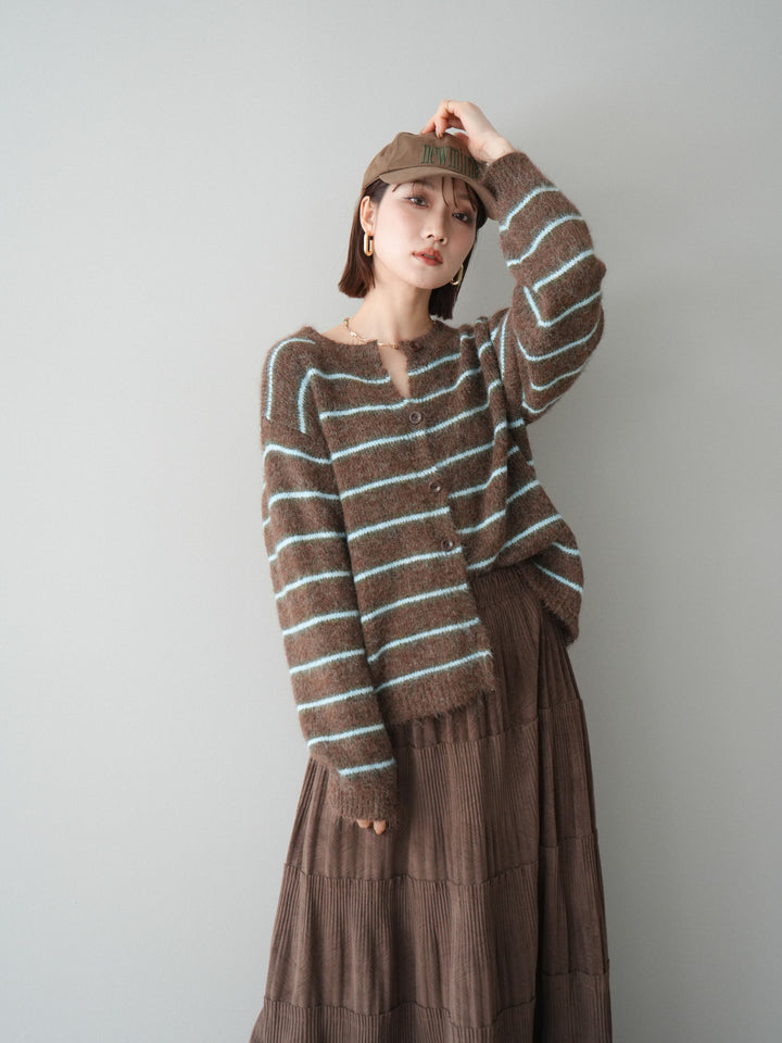 [予約]ボーダーシャギーニットカーディガン/brown