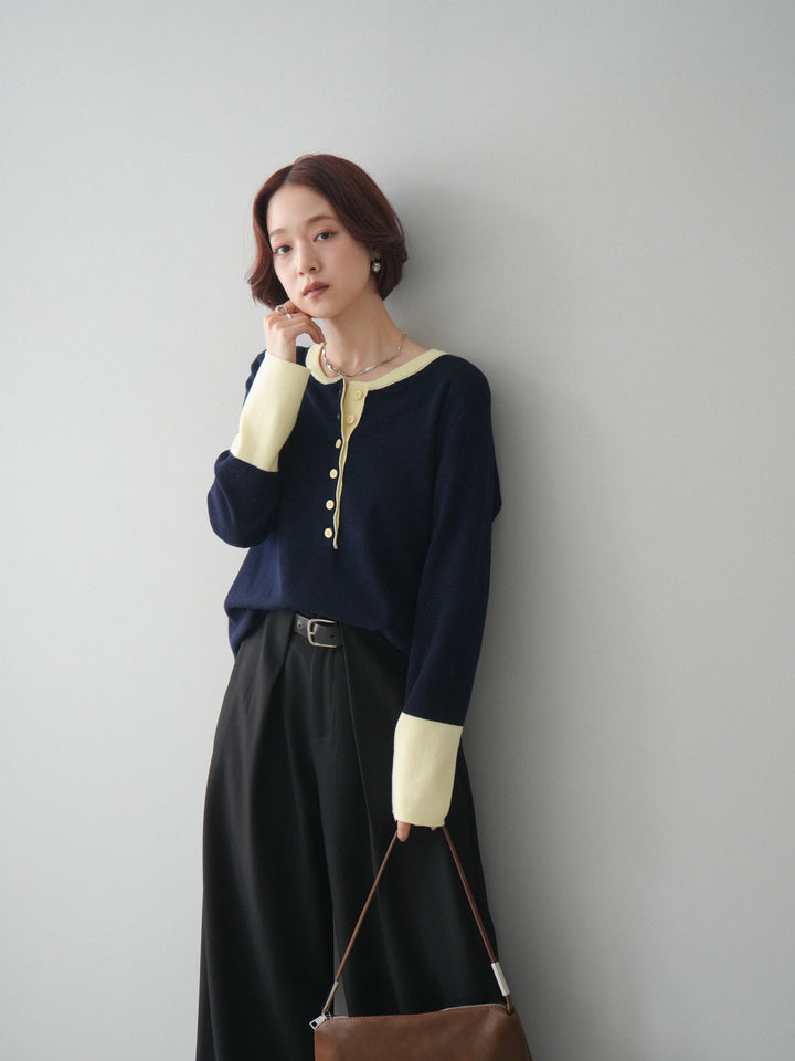 [SET]ヘンリーネック配色ニットソー+ベルトループデザインワイドパンツ(2set)