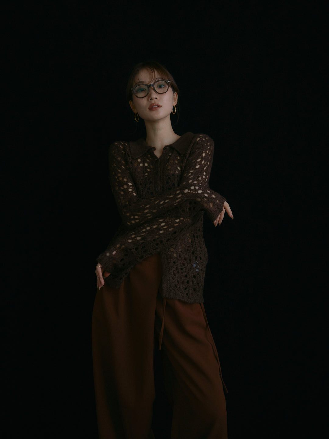 [予約]ローゲージ透かし編みポロニッカーディガン/ブラウン