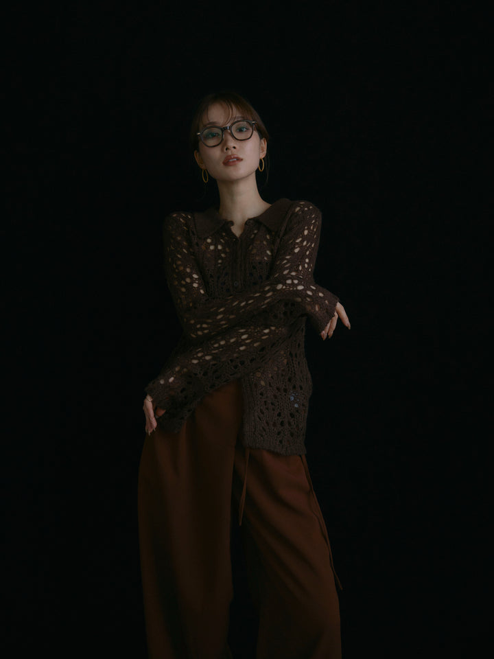 [予約]ローゲージ透かし編みポロニッカーディガン/ブラウン