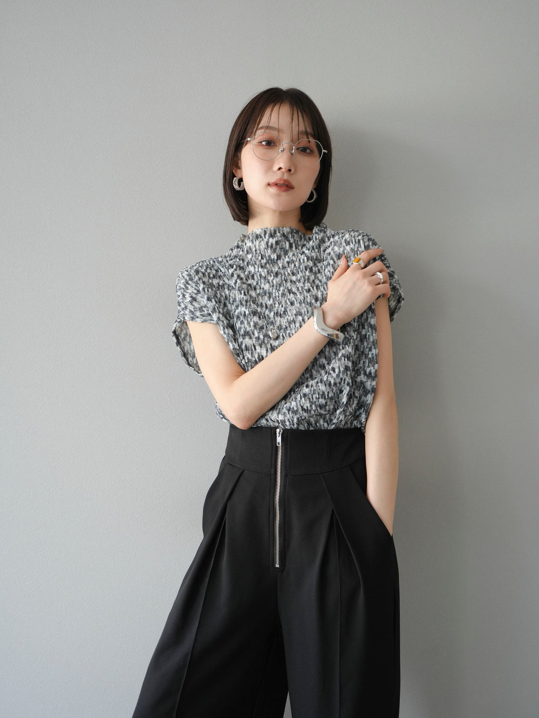 [SET] 多色隨機百褶法式上衣+拉鍊褶襉寬褲（2件套）