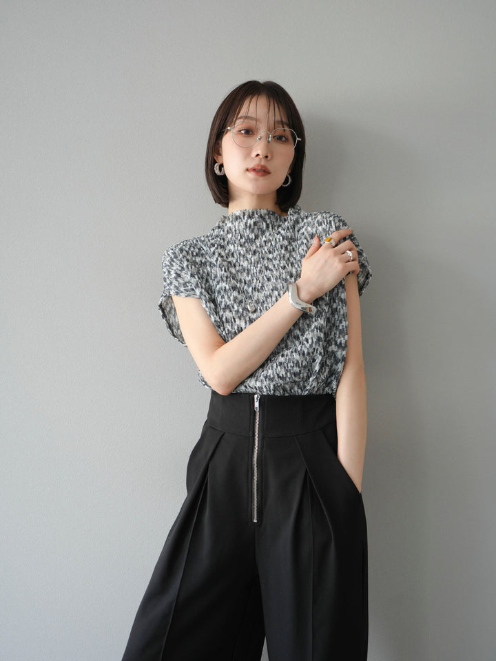 [SET] 多色隨機百褶法式上衣+拉鍊褶襉寬褲（2件套）