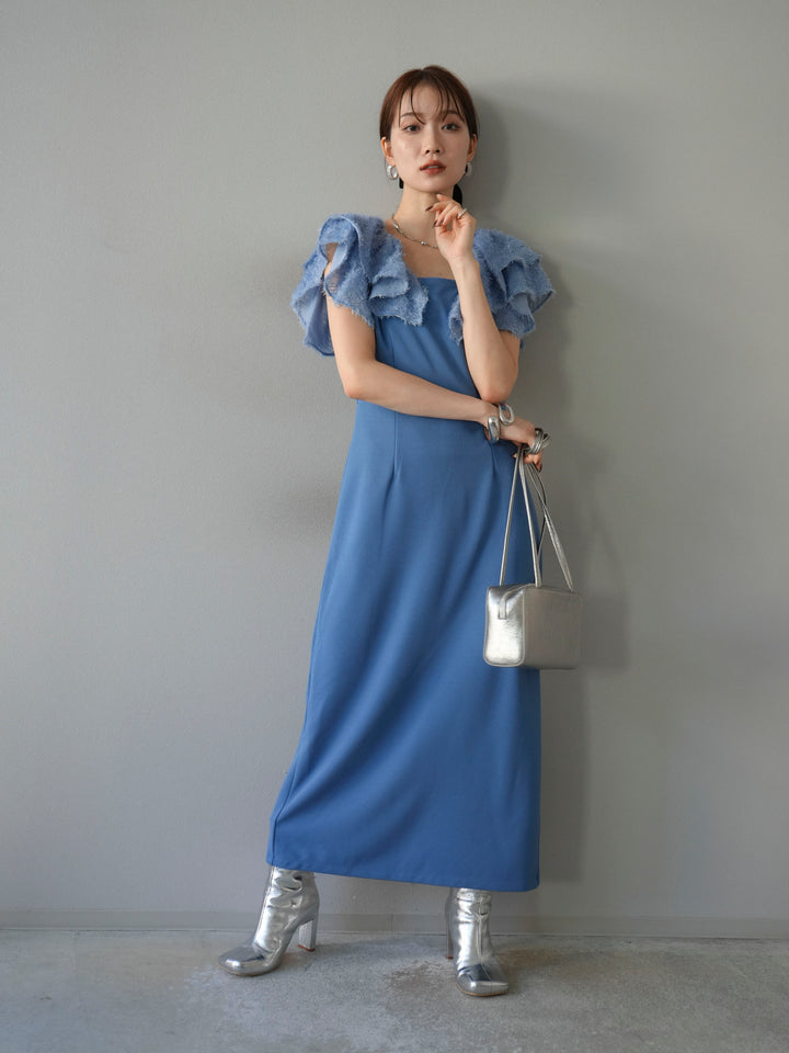 [予約]ジャガードフレアスリーブドレス/ブルー