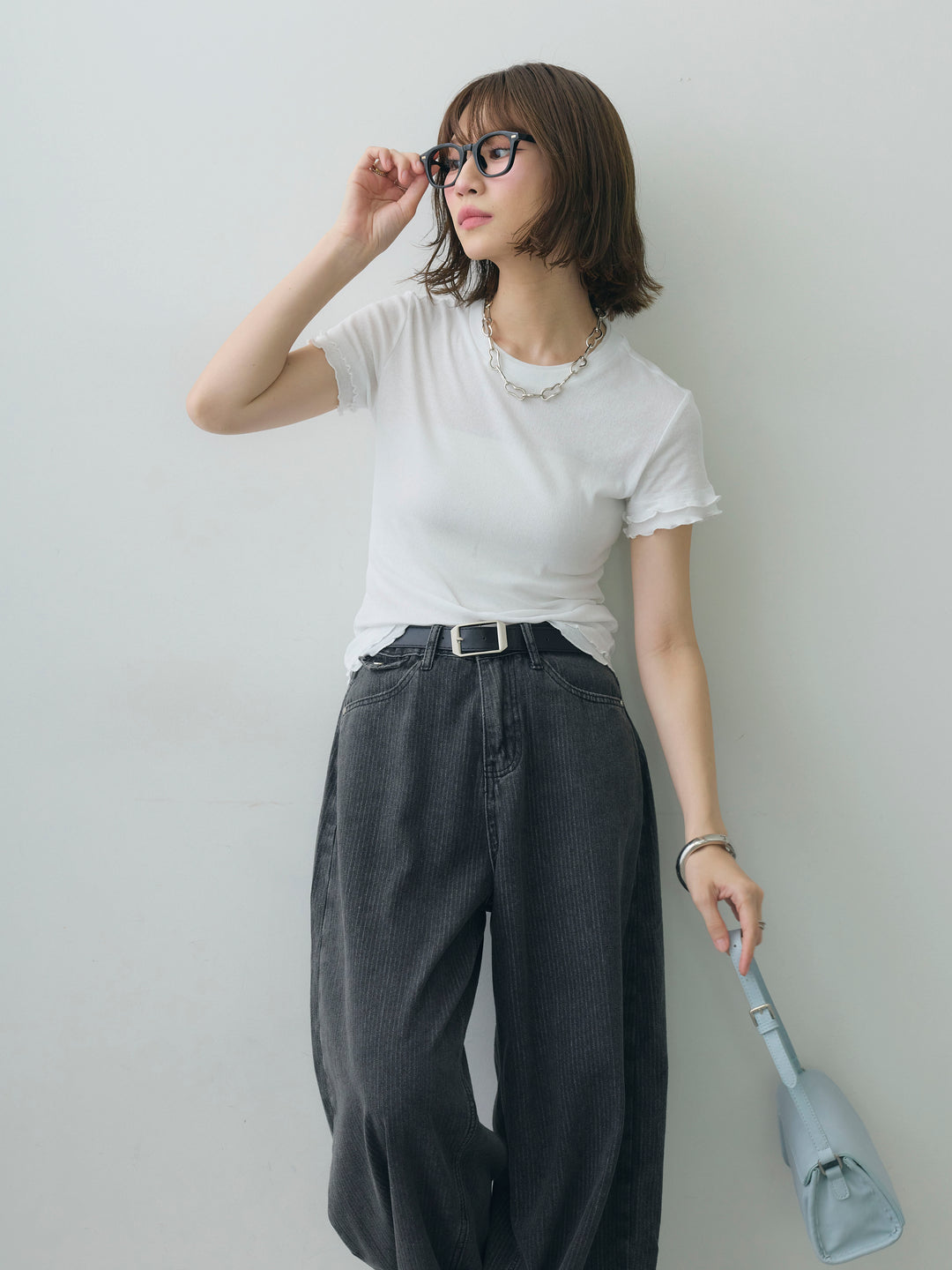 [SET]メロートリムレイヤードTEE+ニュアンスウォッシュカーブデニム(2set)