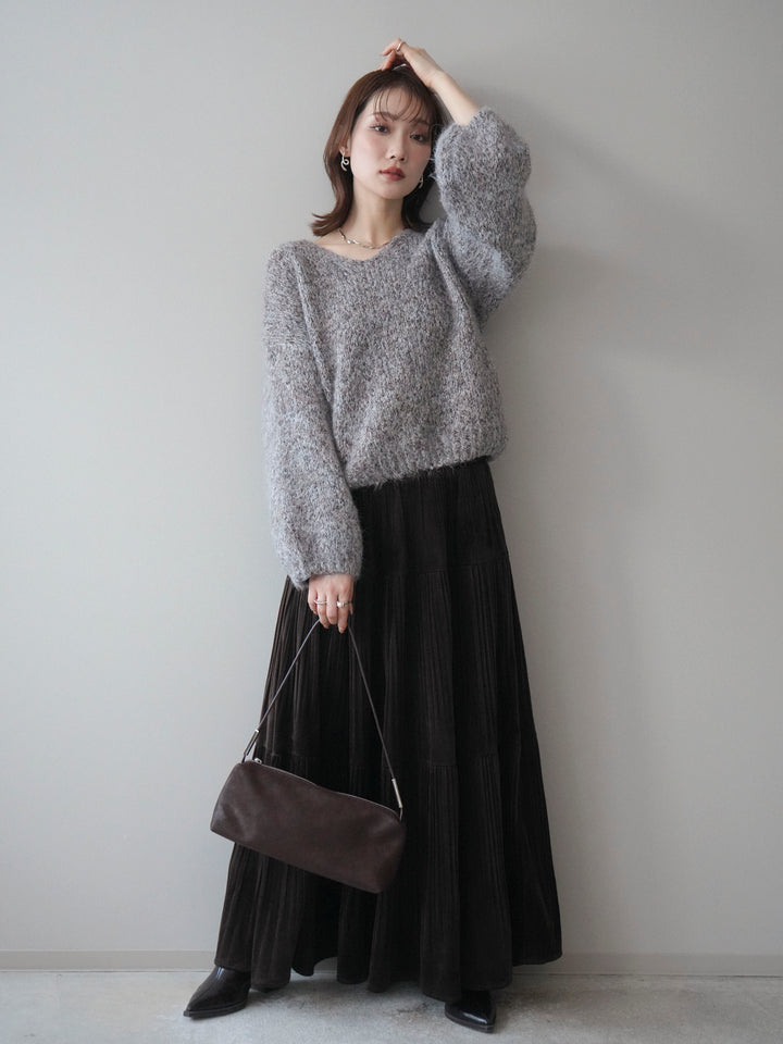 [SET]Vネックミックスヤーンニットプルオーバー+ベロアティアードワッシャースカート(2set)