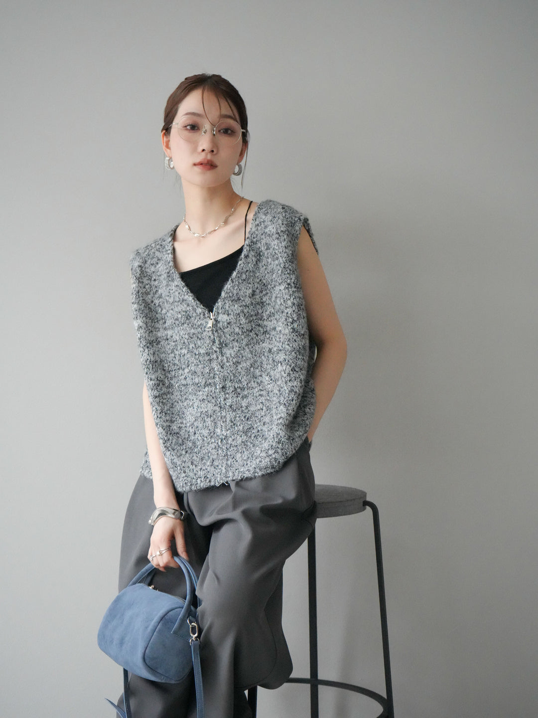 [予約]フロントZIPミックスニットベスト/ブラック