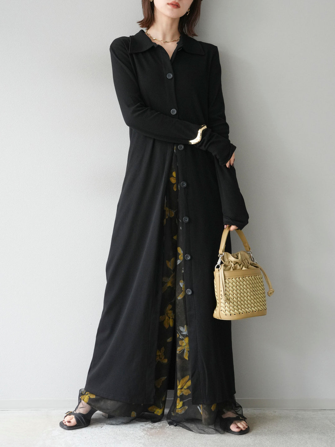 [SET]襟付きカットリブボタンワンピース+フラワープリントチュールレイヤードパンツ(2set)