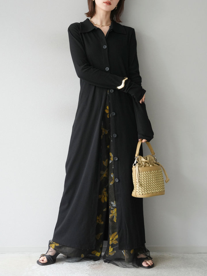 [SET]襟付きカットリブボタンワンピース+フラワープリントチュールレイヤードパンツ(2set)