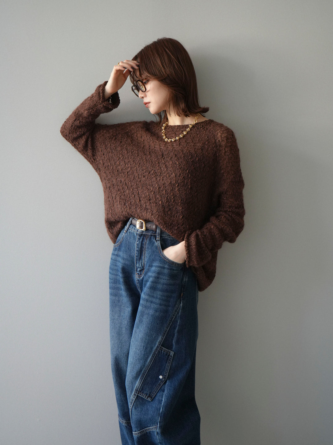 [予約]透かし編みモヘアタッチポコポコニットプルオーバー/brown