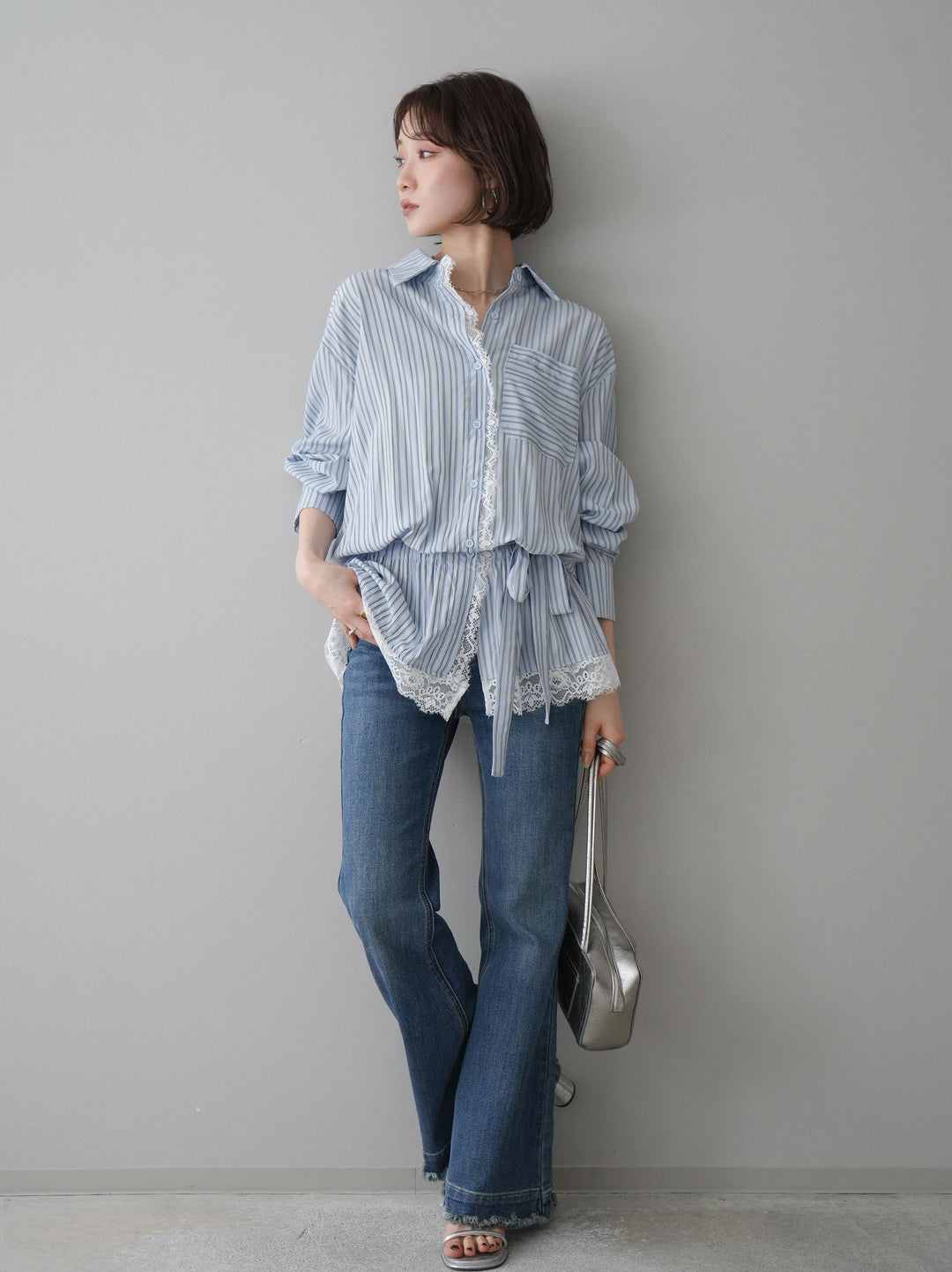 [SET]レース付ストライプウエストギャザーシャツ+フリンジデザインセミフレアデニム(2set)