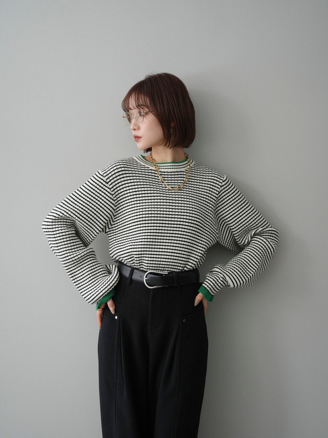 [SET]ラメ異素材ボーダーリブニットプルオーバー+選べるアクセセット(2set)