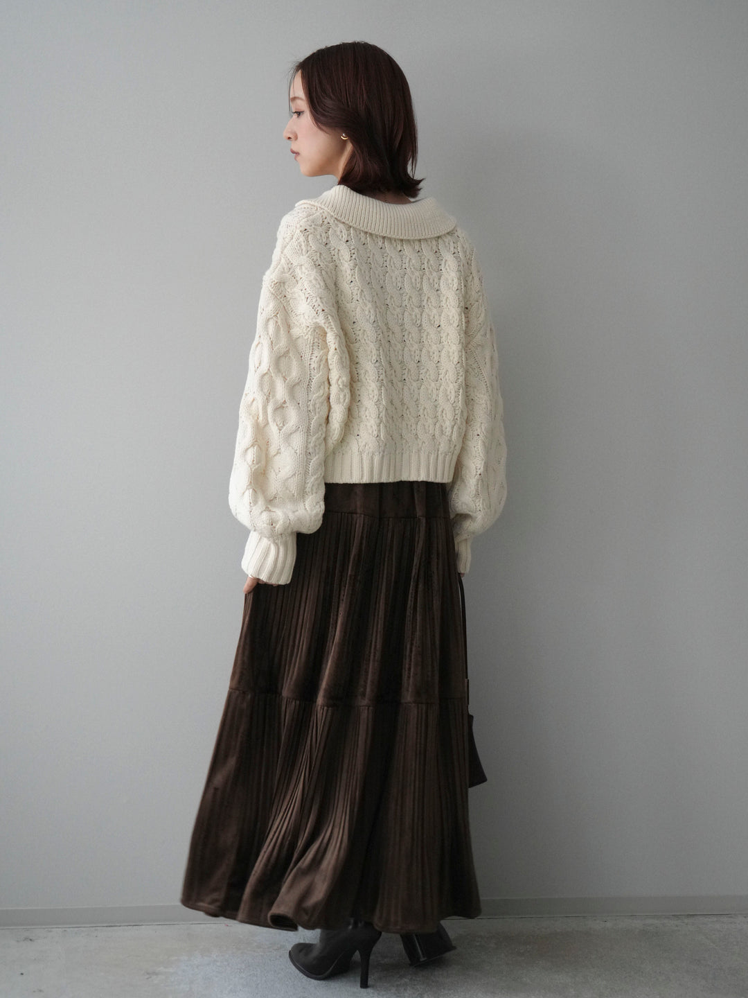 [SET]バルキーケーブルクロップド開襟プルオーバー+ベロアティアードワッシャースカート(2set)