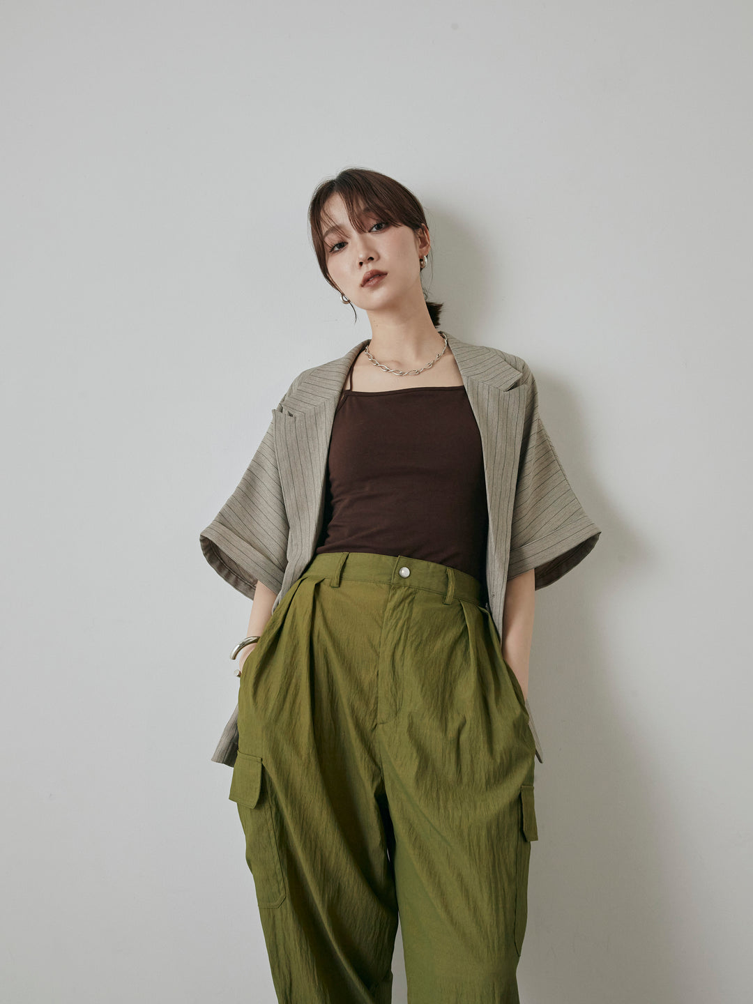 [予約]バックオーガンジーヘリンボーンストライプハーフジャケット/グレージュ