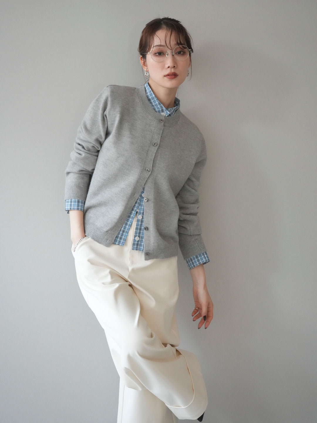 [予約]チェックシャツレイヤードデザインニットカーディガン/gray