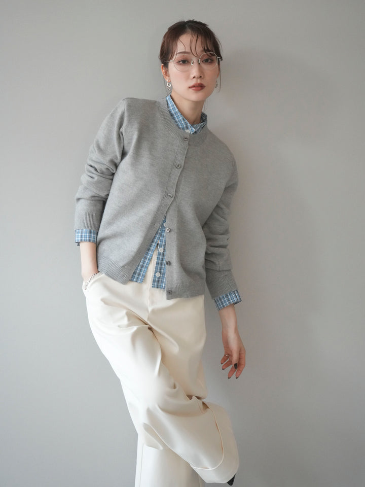 [予約]チェックシャツレイヤードデザインニットカーディガン/gray
