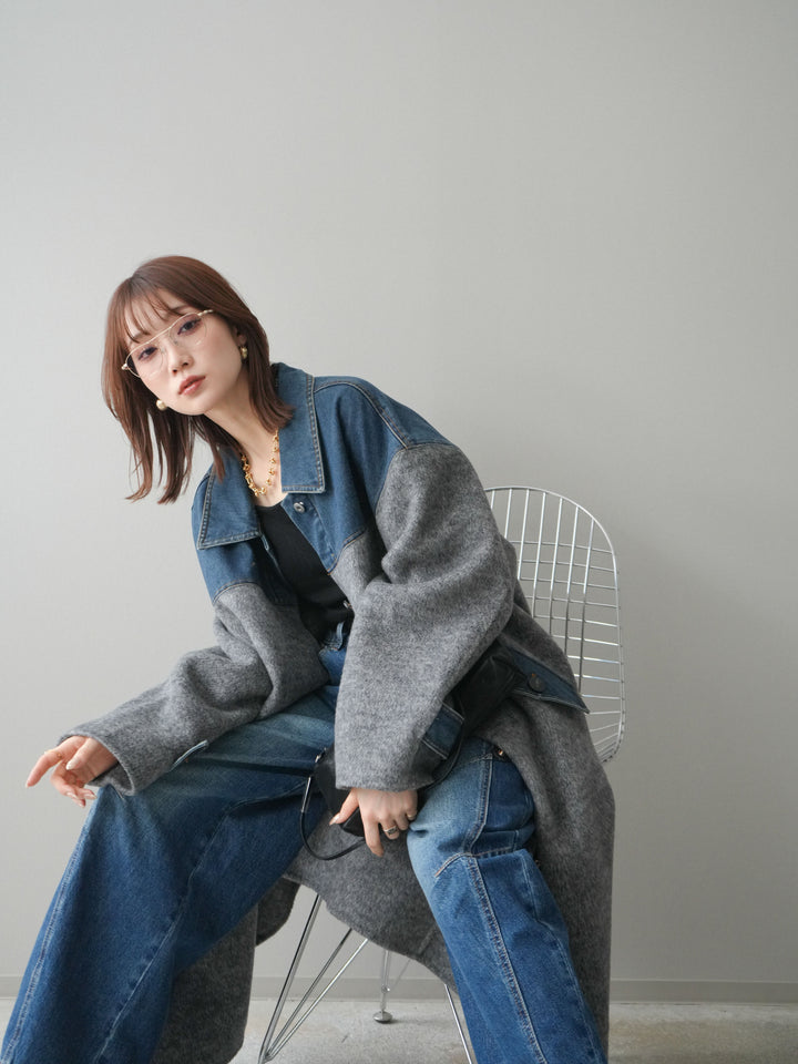 [予約]デニム切替シャギーステンカラーコート/gray