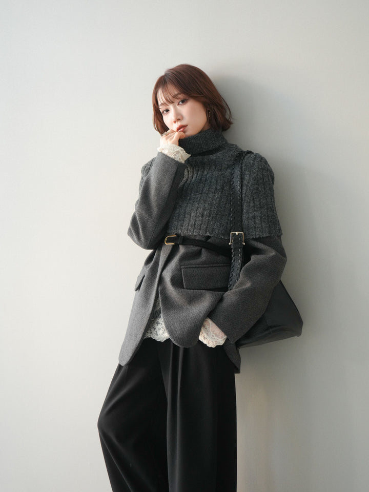 [20%オフ]ケープ付ノーカラージャケット/charcoal