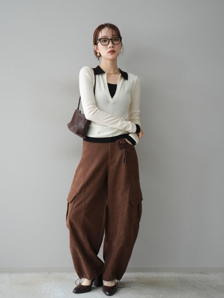 [予約]レイヤード配色ポロニットトップス/beige