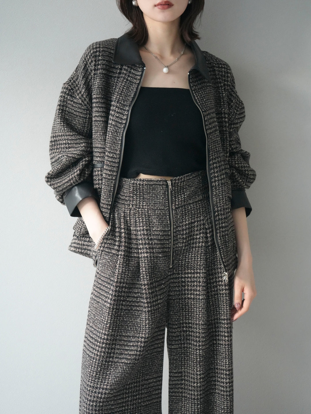 [予約]レザー襟ミックスツイードジャケット/brown