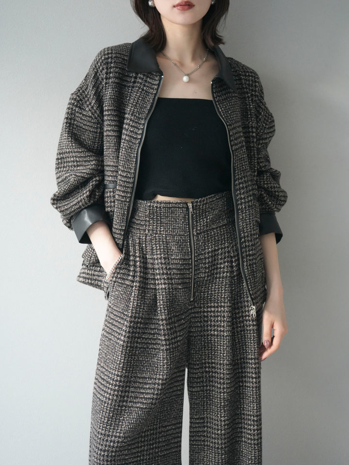 [予約]レザー襟ミックスツイードジャケット/brown