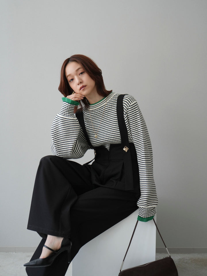 [SET]ラメ異素材ボーダーリブニットプルオーバー+ゴールドボタンサスペンダーワイドパンツ(2set)