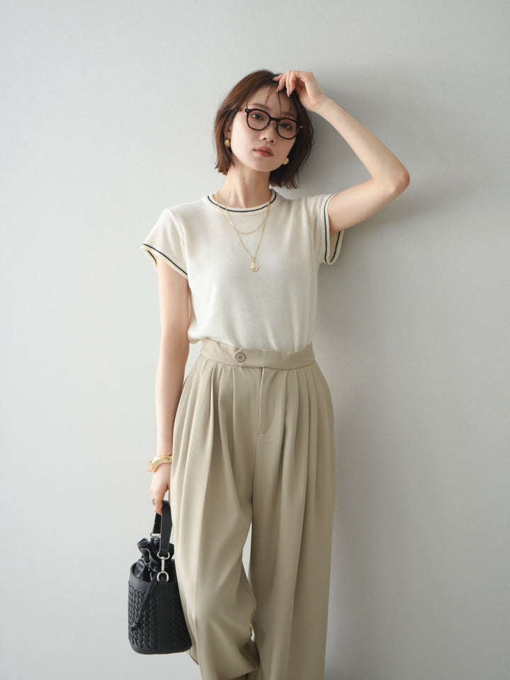 [SET]配色ハーフスリーブニットトップス+配色ハーフスリーブニットトップス(2set)