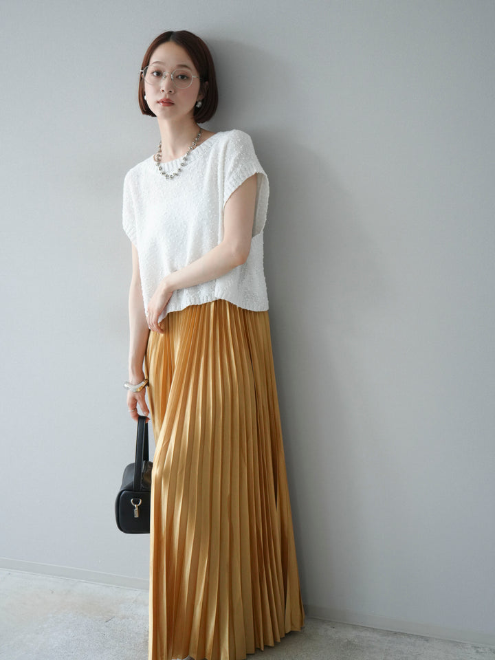 [SET]ネップヤーンクロップドニットベスト+サテンプリーツマキシスカート(2set)