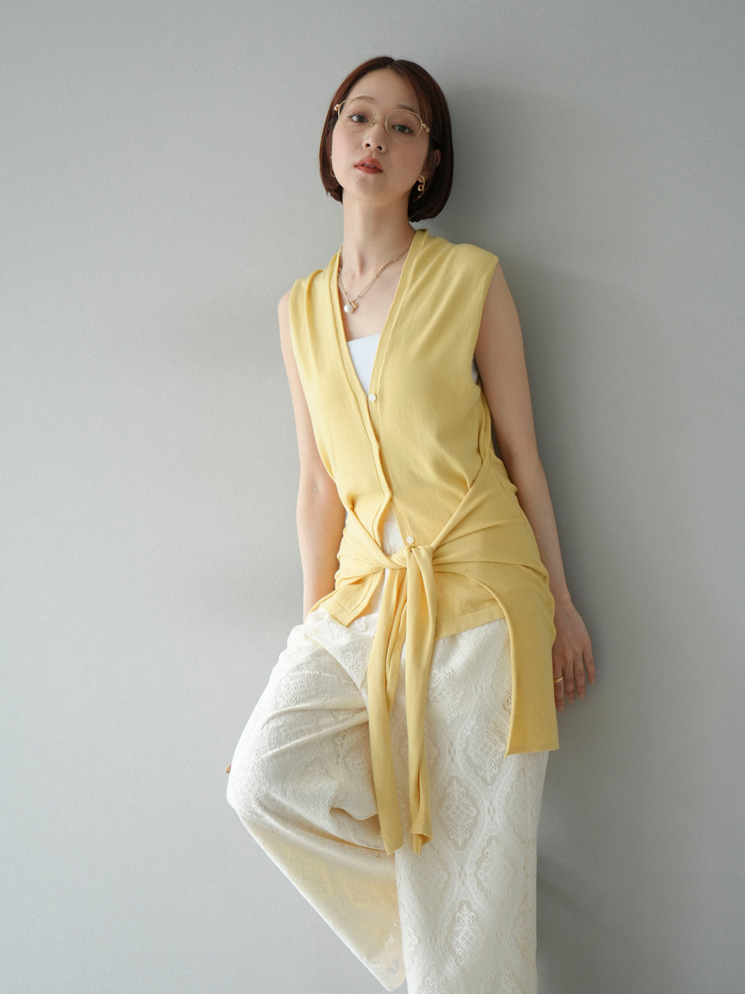 [SET]腰巻きデザインノースリーブニットカーディガン+レースタックイージーパンツ(2set)