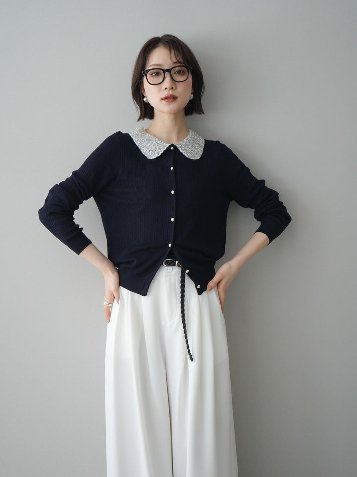 [SET]ビジュー襟パールボタンニットカーディガン+編み込みベルト付タックワイドパンツ(2set)