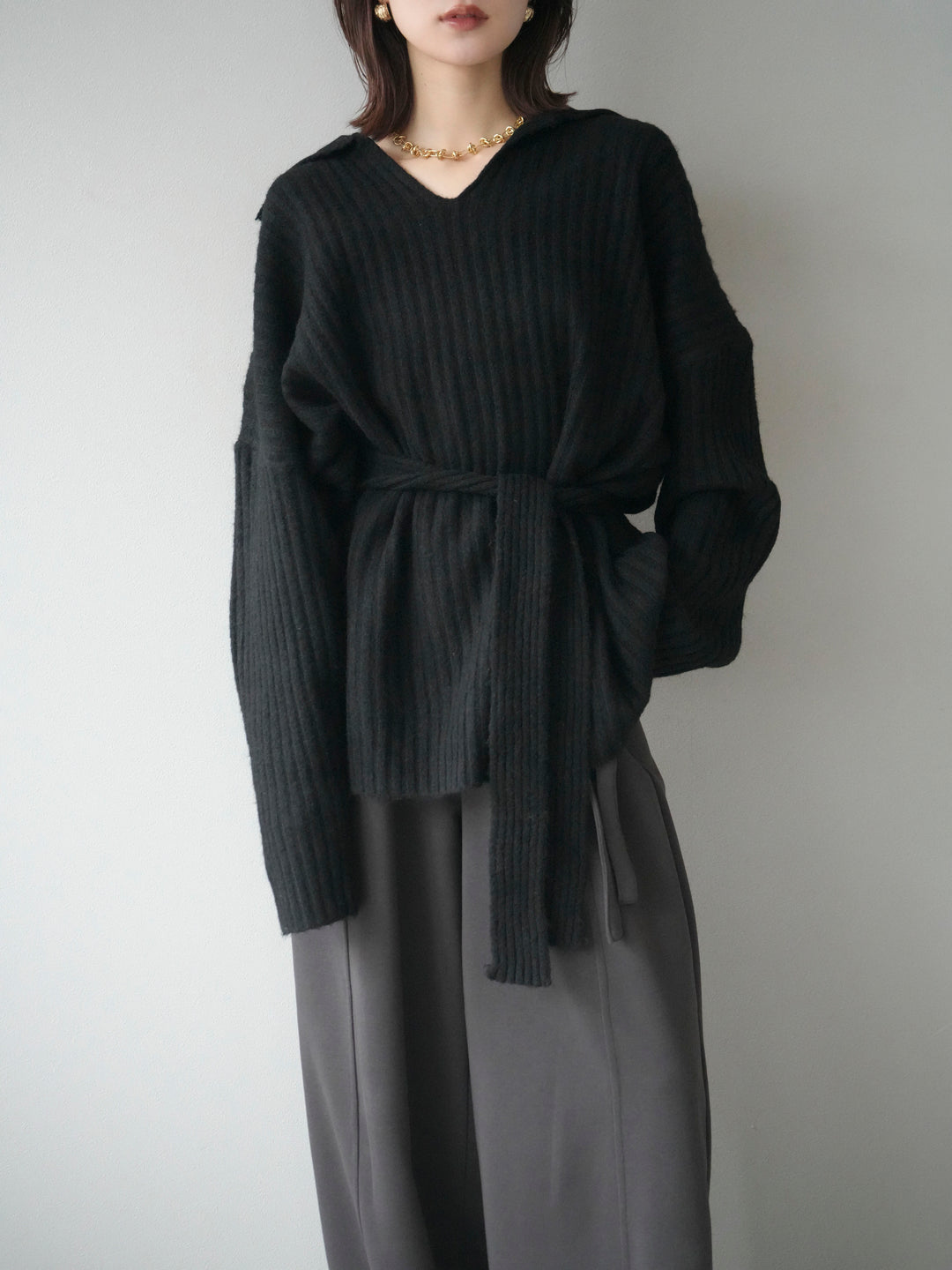 [予約]ワイドリブポロニットプルオーバー/black