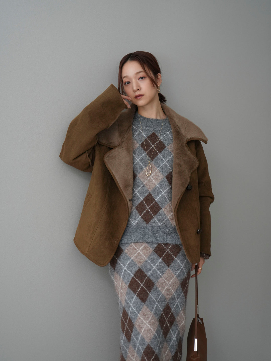 [SET]アーガイルニットプルオーバー&ロングスカートSET UP+ムートンショートジャケット(2set)