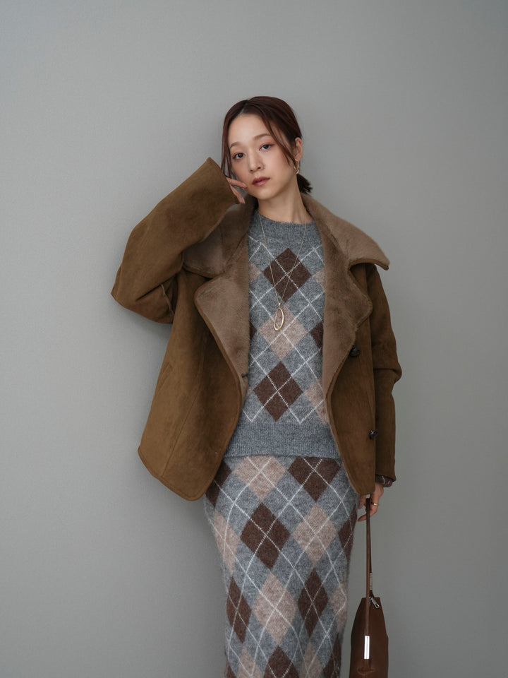 [SET]アーガイルニットプルオーバー&ロングスカートSET UP+ムートンショートジャケット(2set)
