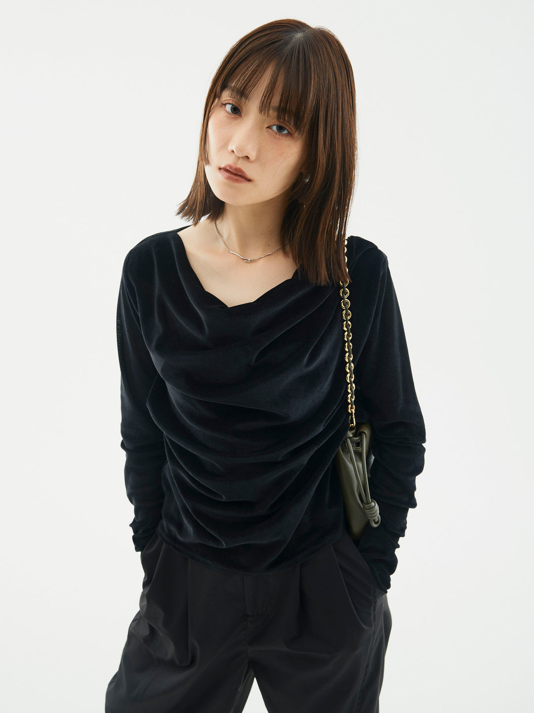 【Allure】[SET]シアーベロアタックデザイントップス+タフタワイドカーブパンツ(2set)