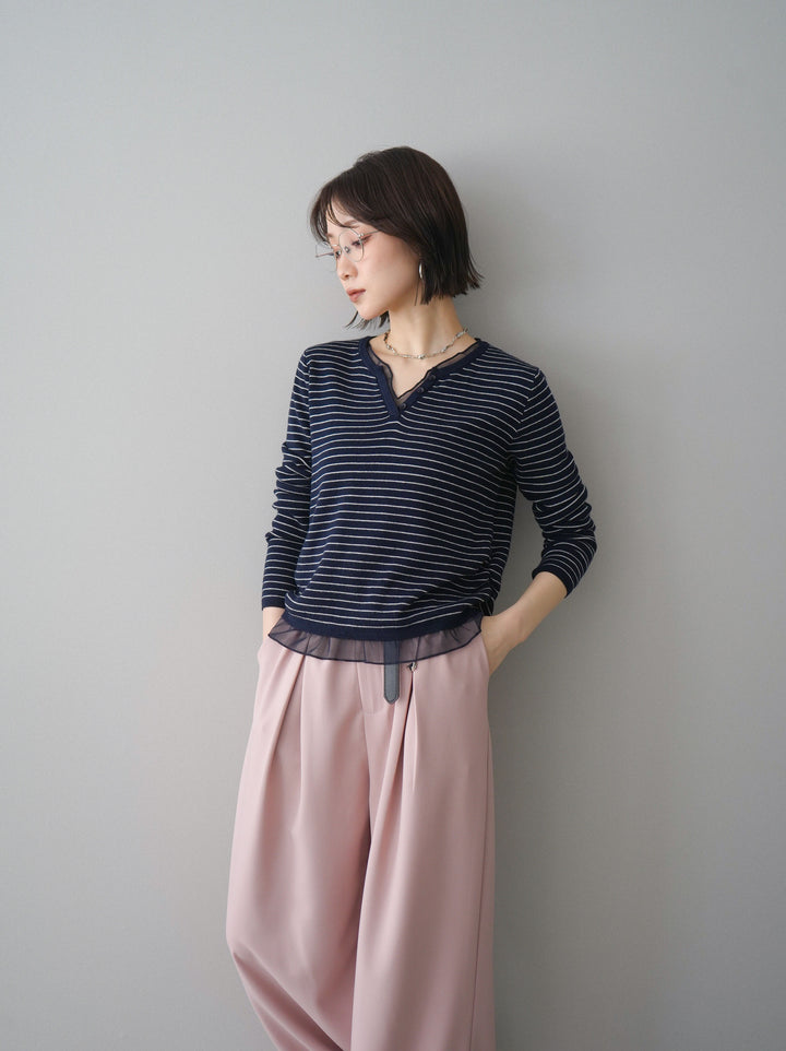 [SET]チュールレイヤードデザインボーダーニットトップス+選べるアクセセット(2set)