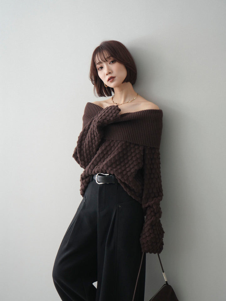 [SET]ポコポコ編みオフショルニットプルオーバー+ベルト付起毛コクーンパンツ(2set)