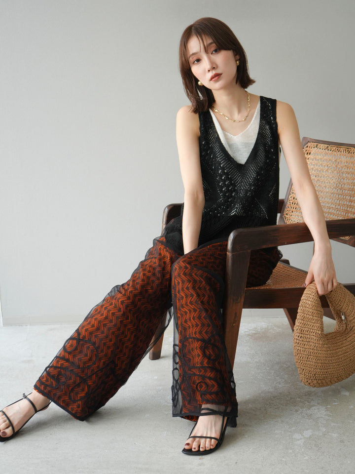 [予約]透かし編みレイヤードニットトップス/ブラック