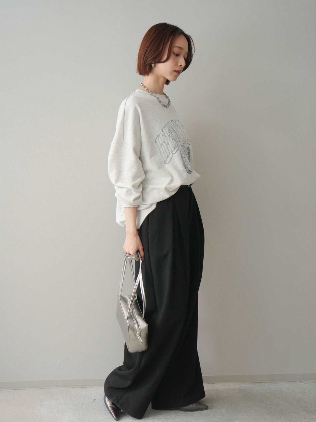 [予約]サテンベルトタックワイドパンツ/black