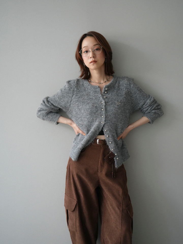 [予約]ブローチ付silverボタンミックスニットカーディガン/gray
