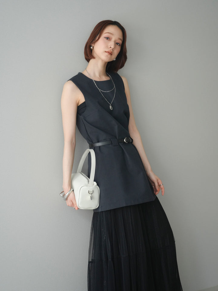 [SET]ベルト付リネンライクノースリチュニック+ラメプリーツレイヤードチュールロングスカート(2set)