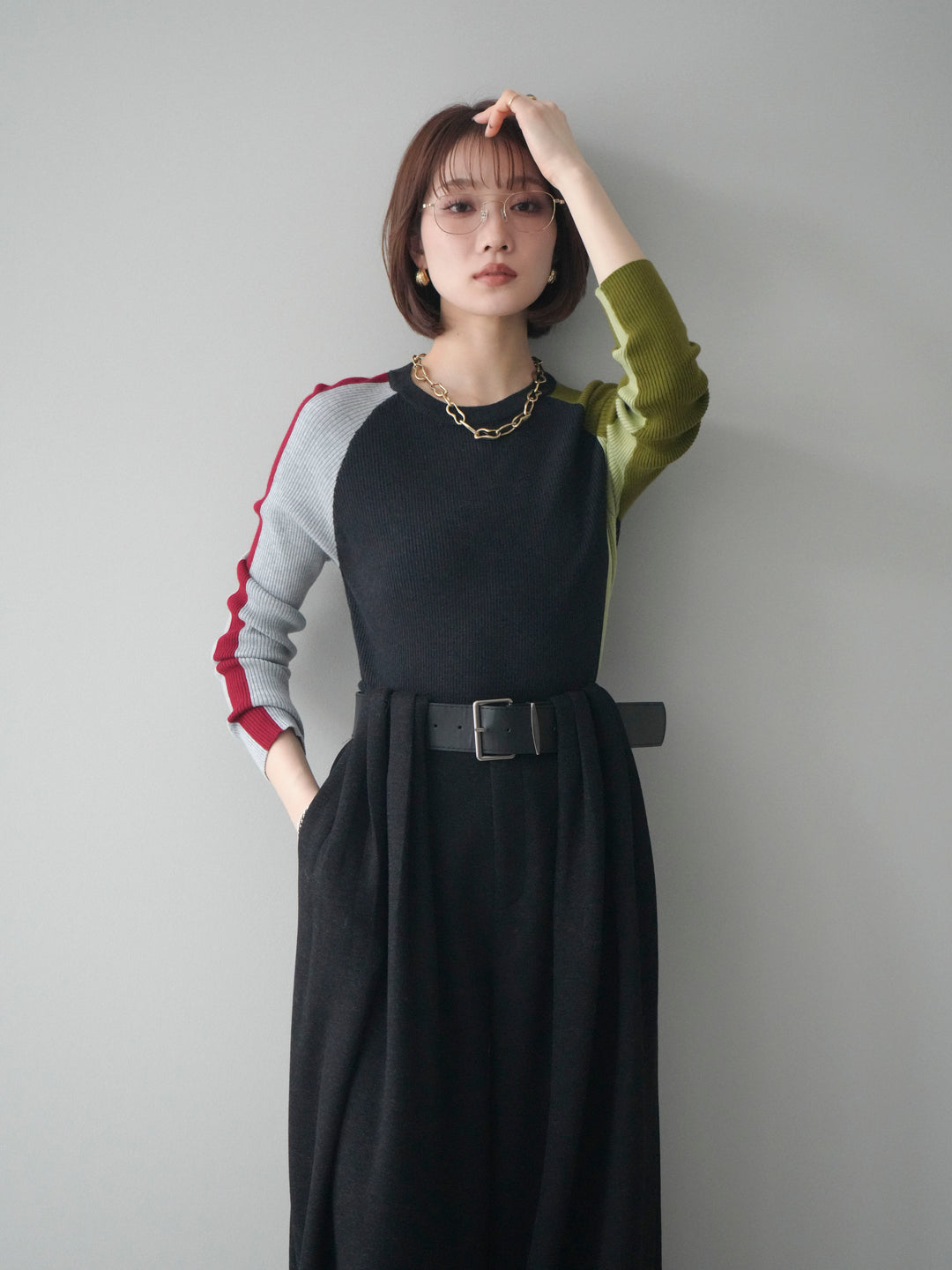 [SET]バイカラーラグランニットトップス+選べるアクセセット(2set)