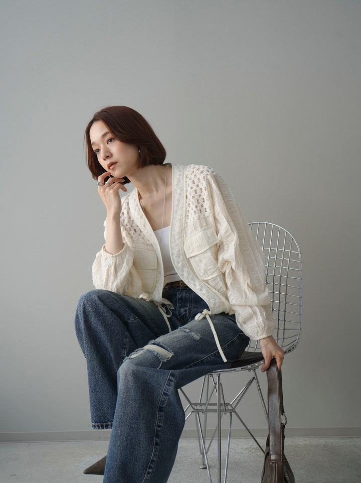 [SET]パッチワークシアーフリルブルゾン+カップ付テレコリブベアキャミソール+ダメージデニムセミワイドパンツ(3set)