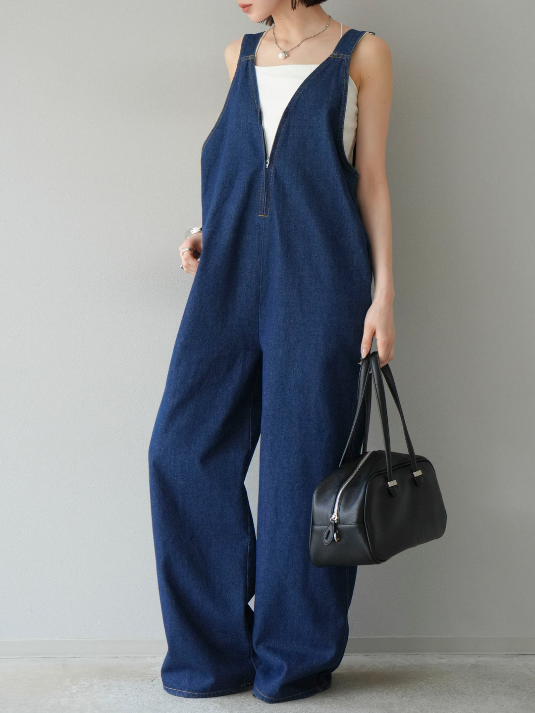 [予約]フロントZIP Vネックデニムサロペット/インディゴ