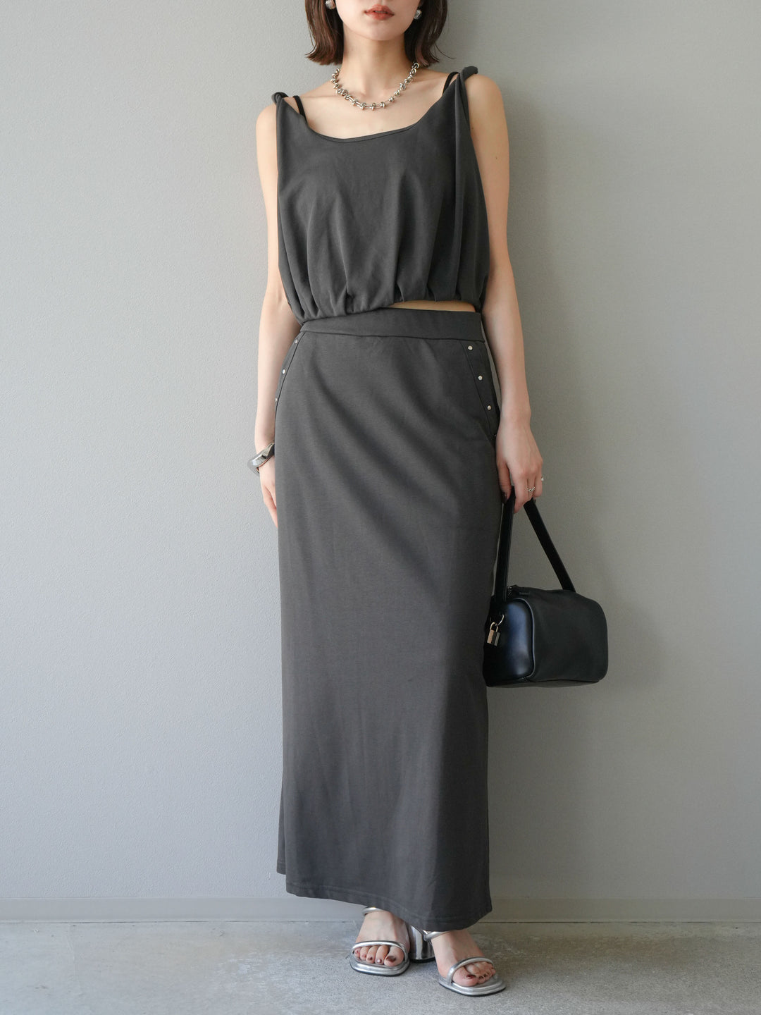 [SET]ミニ裏毛ツイストキャミバルーントップス＆Iラインスカート(2set)