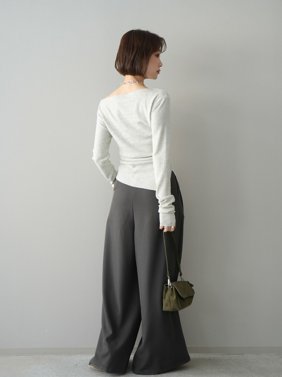 [予約]編み込みベルト付タックワイドパンツ/gray