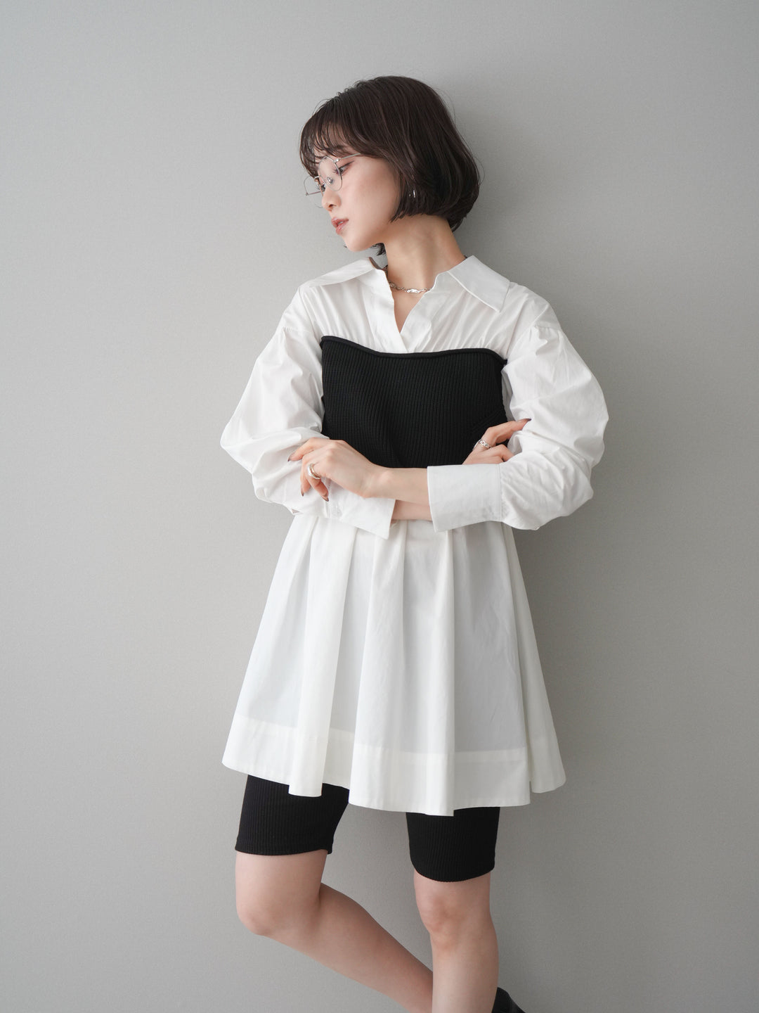 [予約]ニットビスチェドッキングフレアシャツチュニック/offwhite