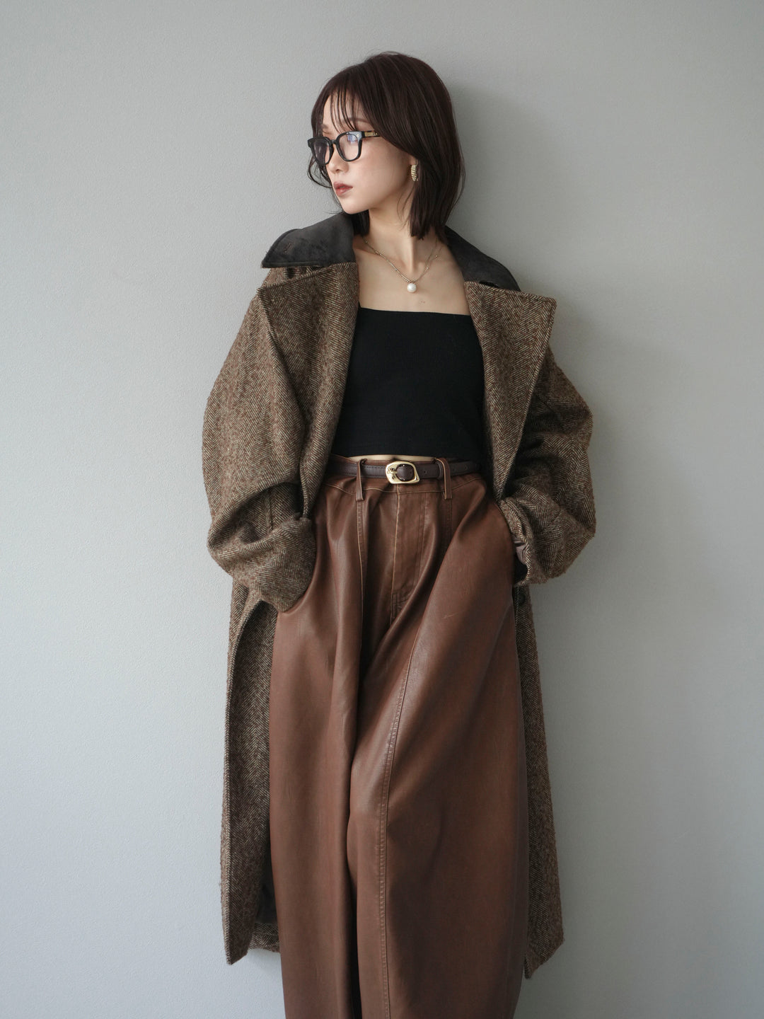 [予約]ネップヘリンボーンレザー襟チェスターコート/brown