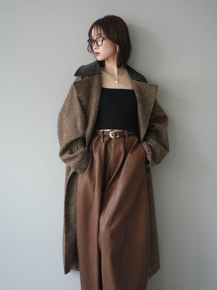 [予約]ネップヘリンボーンレザー襟チェスターコート/brown