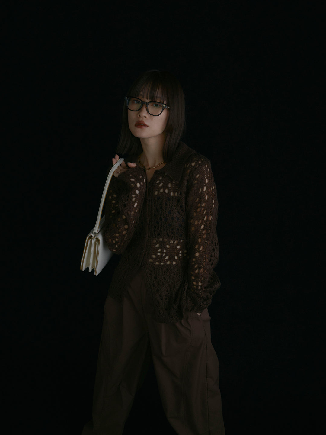 【Allure】[SET]ローゲージ透かし編みポロニッカーディガン+タフタワイドカーブパンツ(2set)