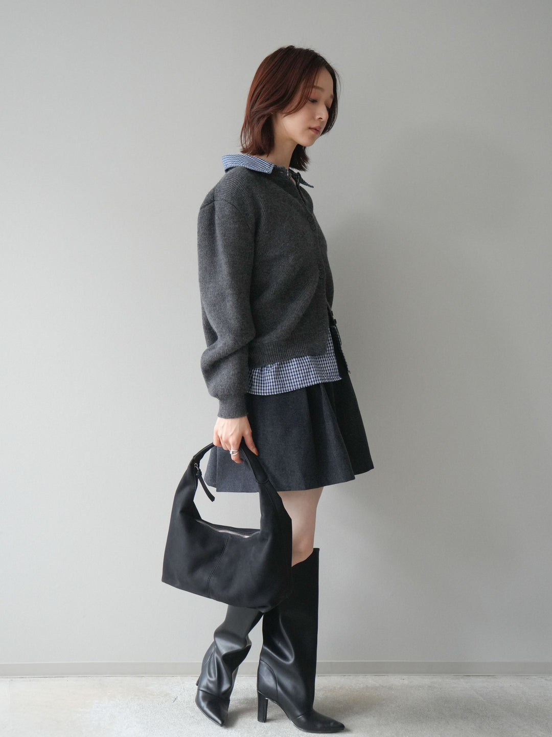 [予約]ベルト付きタックミニスカート/charcoal